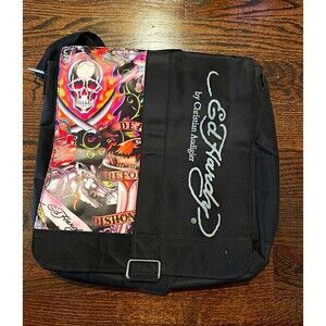 Ed Hardy Large Black Messenger Bag Skull Graphic Print Adjustable Strap Pockets